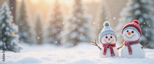 Two snowmen having fun on Christmas Day. The background has sparkling sunlight. Wide angle 22:9. AI generated. photo