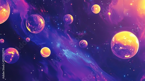 Abstract cosmic scene featuring vibrant planets and a glowing galaxy in outer space with stars, nebulae, and deep space textures. photo