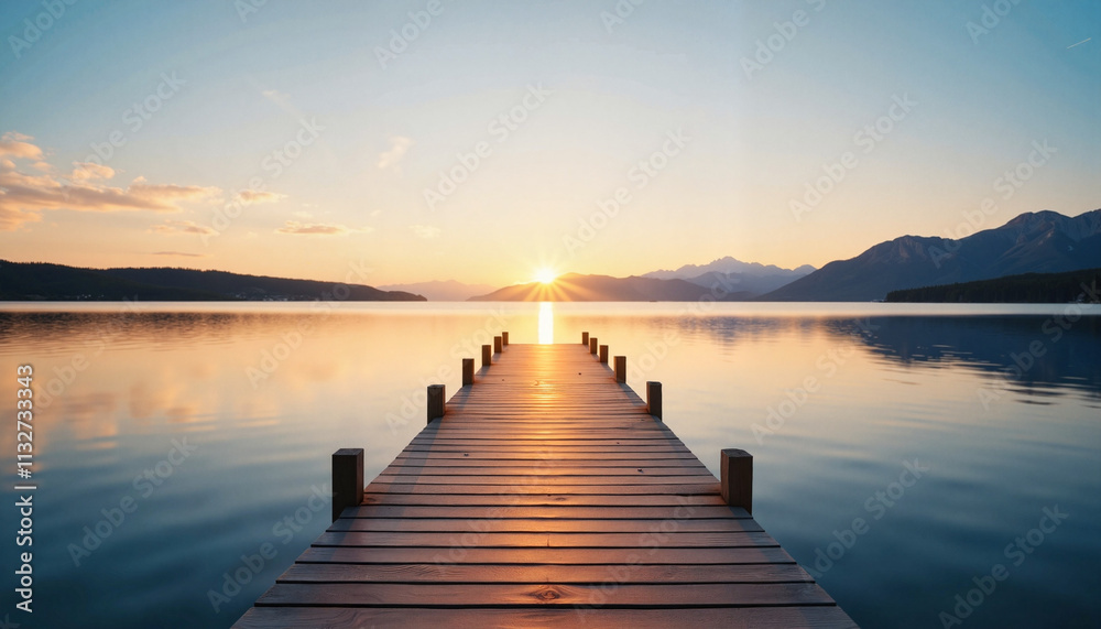 Fototapeta premium Wooden pier leading into calm lake at sunset with mountains in background 