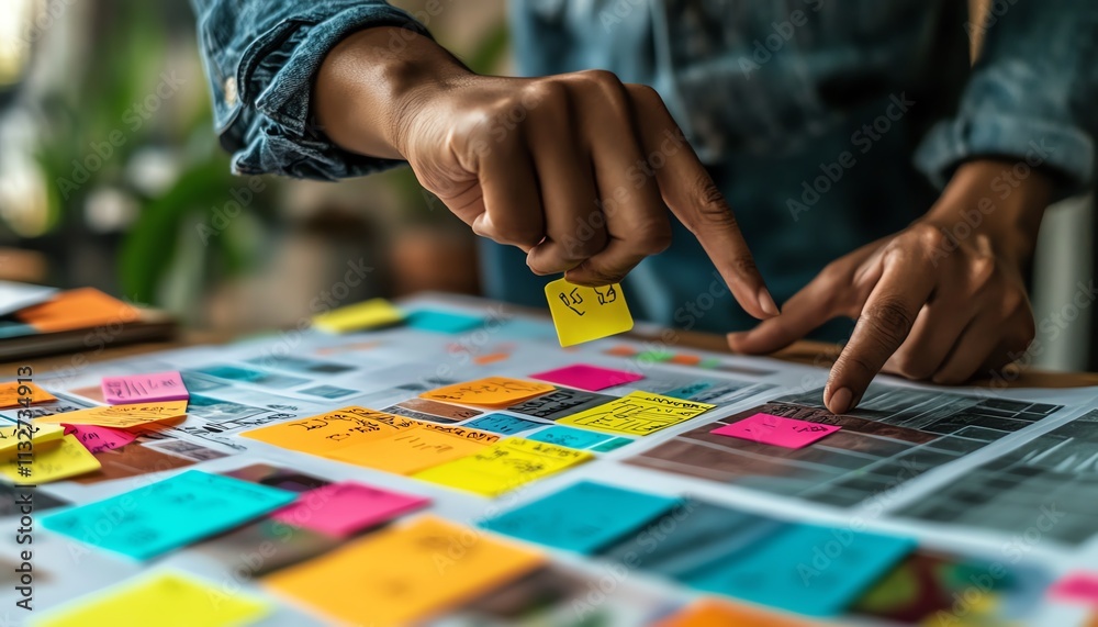 Hand pointing at a digital interface with sticky notes and vibrant data ...