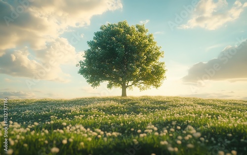 Wallpaper Mural A green tree stands alone in a vibrant field, embraced by soft sunlight, symbolizing tranquility, peace, and the restorative power of nature Torontodigital.ca
