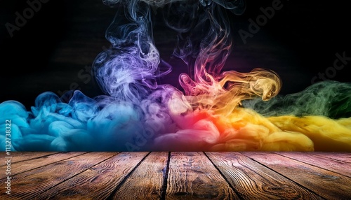 conceptual image of multi colored smoke isolated on dark black background and wooden table