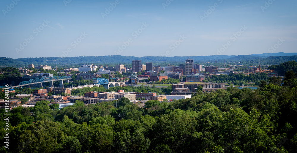 Obraz premium Scenic view of Chattanooga, Tennessee, featuring the city skyline, bridges, and lush green landscape under a clear blue sky.