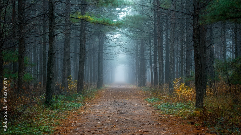 Obraz premium Serene viewpoint a mysterious pathway in a tranquil autumn forest nature photography journey