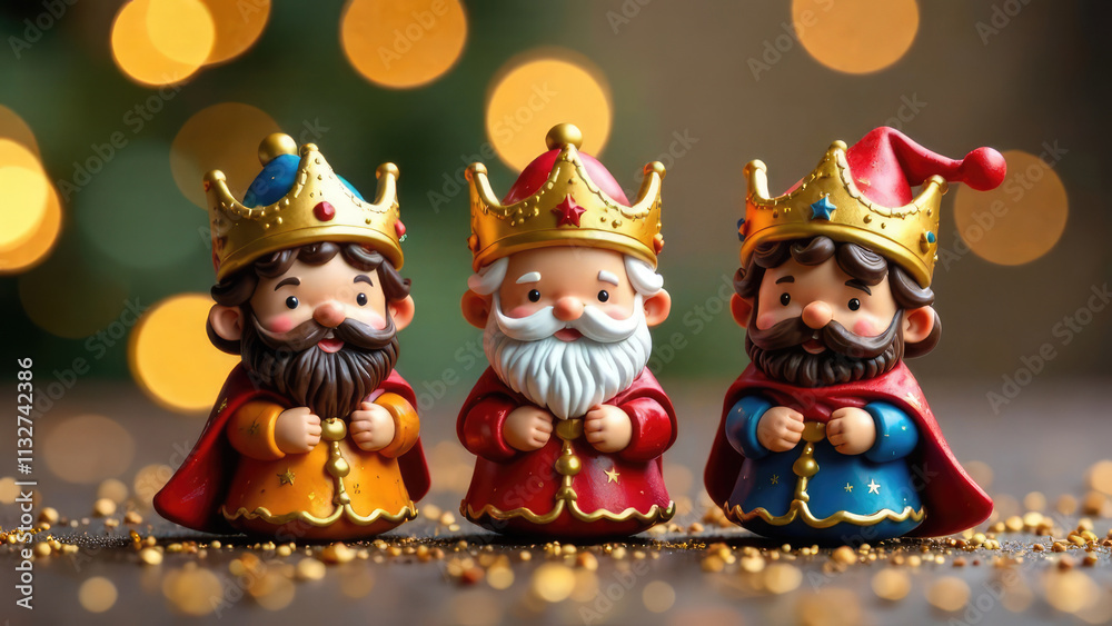 Naklejka premium Three cheerful Wise Men figurines, each wearing a unique crown and robe, are arranged on a dark surface sprinkled with gold glitter against a warm bokeh background, celebrating Three Kings Day. 