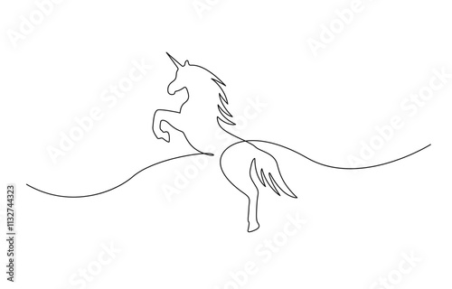 Unicorn silhouette. Continious one line drawing. Magic art. Black line on white background, Unicorn head. Continious one line.