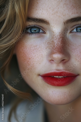 Portrait of a young woman with blue eyes, freckles and red lips