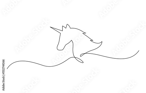 Unicorn silhouette. Continious one line drawing. Magic art. Black line on white background, Unicorn head. Continious one line.