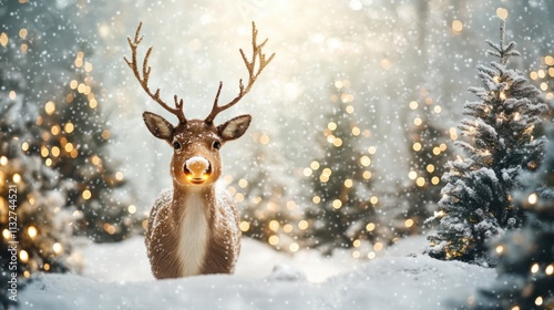 A festive reindeer with a glowing nose surrounded by snowy Christmas trees adorned with lights and ornaments, with ample copy space photo