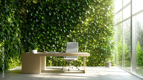 bright and airy office with large desk, surrounded by lush greenery, creates refreshing workspace