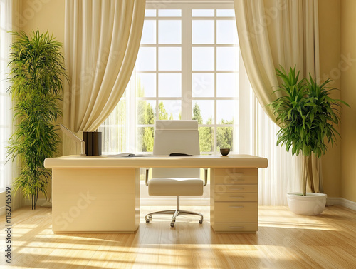 bright office corner with large desk, plants, and natural light creating serene atmosphere