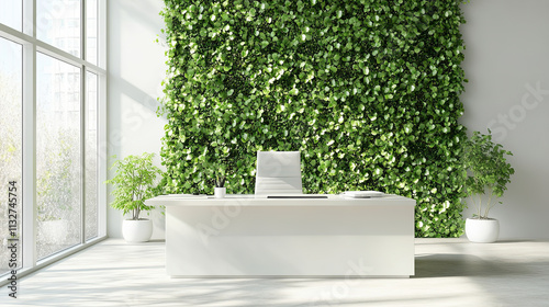 bright and airy office with large desk and green wall decor