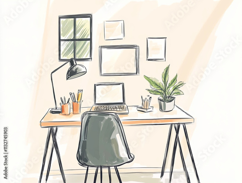 bright workspace featuring minimalist desk, laptop, and plant creates serene atmosphere for productivity