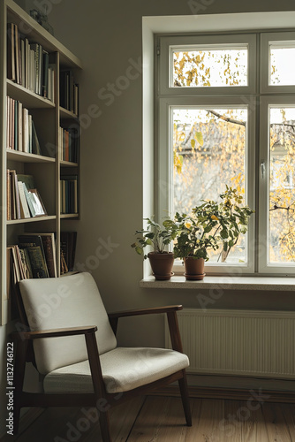 cozy corner with minimalist chair, bookshelves, and plants by window