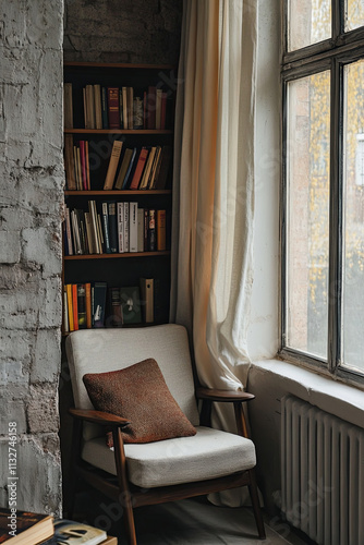 cozy corner with minimalist chair, bookshelf, and natural light