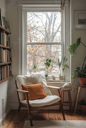 cozy corner with minimalist chair, plants, and natural light creates serene atmosphere