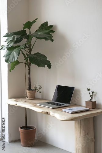 minimalist office setup featuring laptop, plants, and wooden desk creates serene workspace