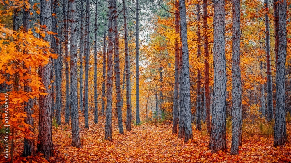 Obraz premium Autumn Forest Path Golden Leaves Trees