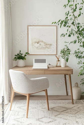modern home office featuring simple wooden desk, stylish chair, and greenery. serene atmosphere promotes productivity and