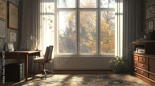 serene workspace with large window, showcasing autumn foliage outside. warm light creates cozy atmosphere