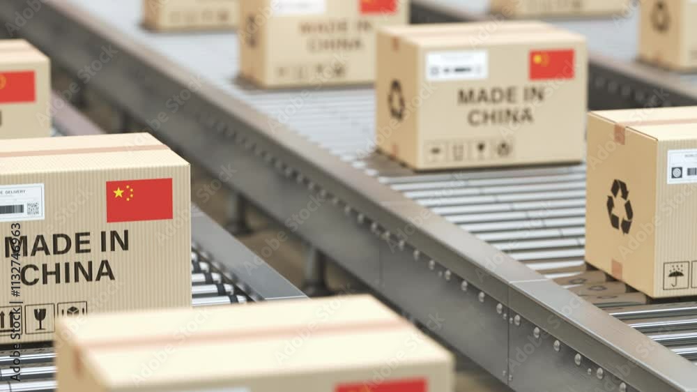 Made in China. Cardboard boxes with product and China flag on the roller conveyor. 3d animation