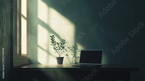sleek desk with laptop and plant in sunlit room creates calm atmosphere
