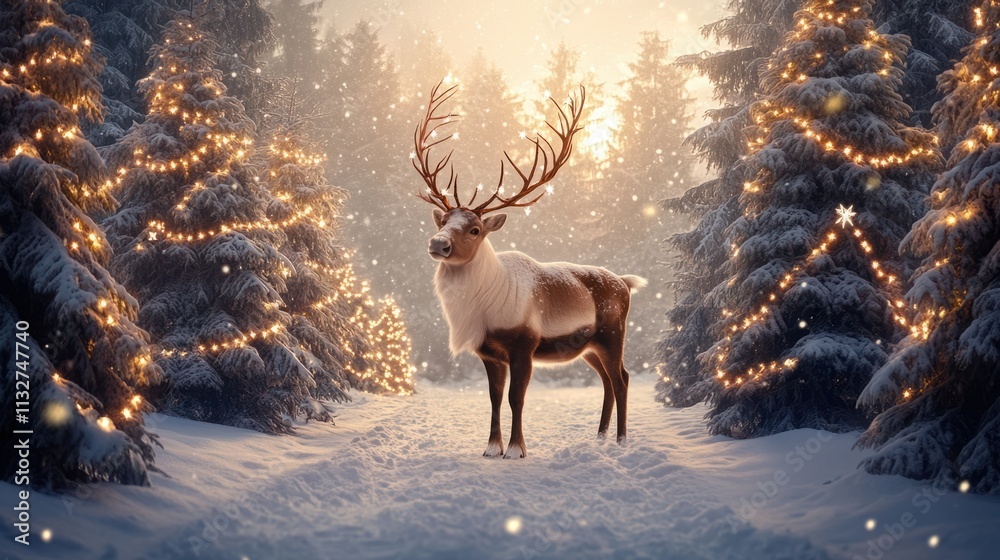 A majestic reindeer standing in a snowy forest surrounded by Christmas trees adorned with twinkling lights and stars, with copy space