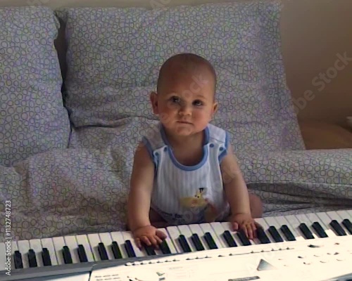 Vintage camcorder shot of a baby playing piano on a bed, 90's, VHS, France