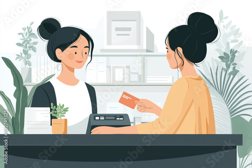 Illustration of two woman in a small shop, purchasing