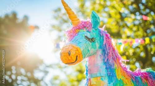 Colorful piÃ±ata in the shape of a unicorn, kids' party decorations, kids' birthday party photo