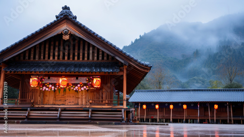 Japanese festival Kannamesai celebrated at a serene wooden shrine amid misty mountains in autumn photo