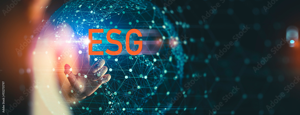 Businesswoman pushing abstract mesh dot grow earth and global online networking connection with data exchanges, global communication network security concept