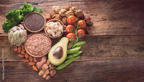 Healthy food in heart and cholesterol diet concept on vintage boards 