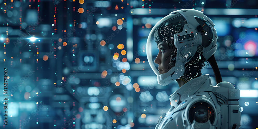 Obraz premium Futuristic robot helmet in advanced technology lab, Sci-fi robotic headgear with digital interface