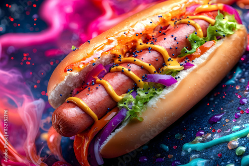 Delicious hot dog with mustard, ketchup, and onions on a vibrant background. photo