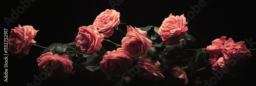 Floral banner 3:1 , flower cover or header with vintage bouquets. Dramatic Pink roses on black background. Romance theme.  photo