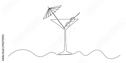Martini glass one continuous line illustration. Hand drawn doodle vector drawing of cocktail on white background