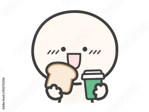 パンとコーヒーで朝食を食べるシンプルでかわいい人物のベクターイラスト素材02