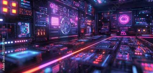 A neon cybernetic interface with floating holographic displays and bright, glowing circuits, creating a high-tech, futuristic atmosphere.
