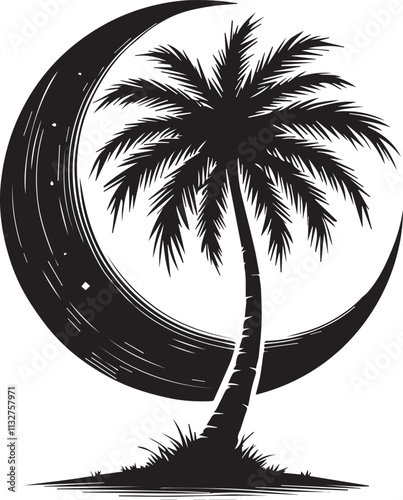 A solitary palm tree with a slightly leaning trunk silhouetted against a crescent moon vector silhouette