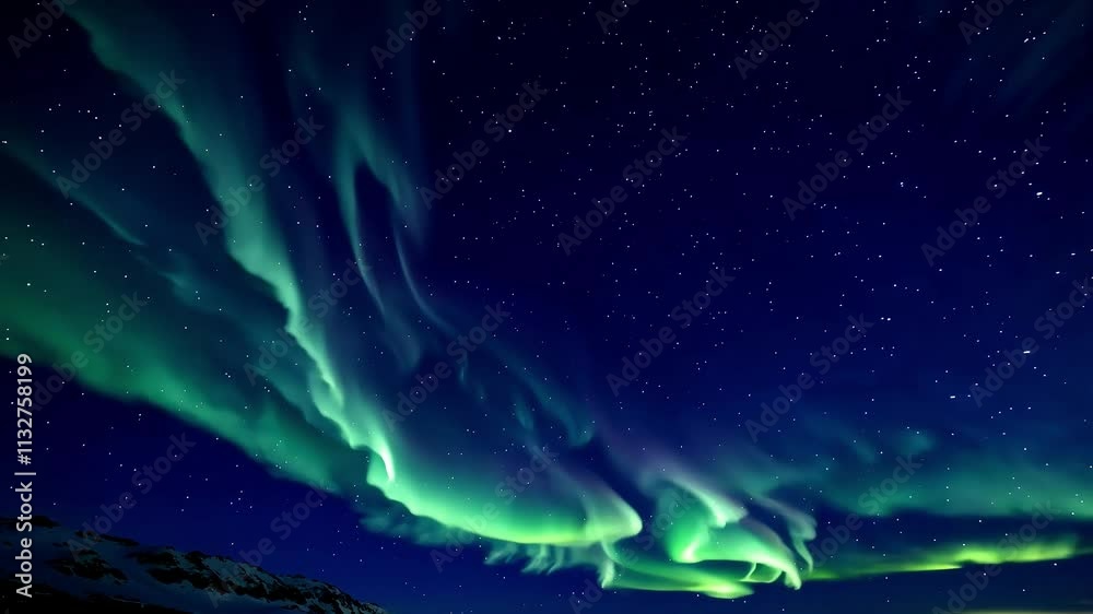 Aurora borealis lighting up the night sky with vivid green and purple shades dances gracefully over a snowy mountain landscape, creating a stunning natural display, loop