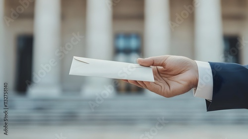 Hand Extending with Envelope in Focused Outdoor Setting