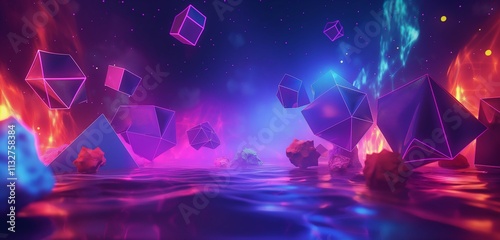 A neon-bright geometric landscape with floating shapes and intense, glowing colors, creating a surreal and futuristic visual.