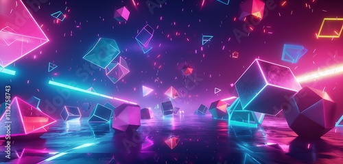 A neon-bright geometric landscape with floating shapes and intense, glowing colors, creating a surreal and futuristic visual.