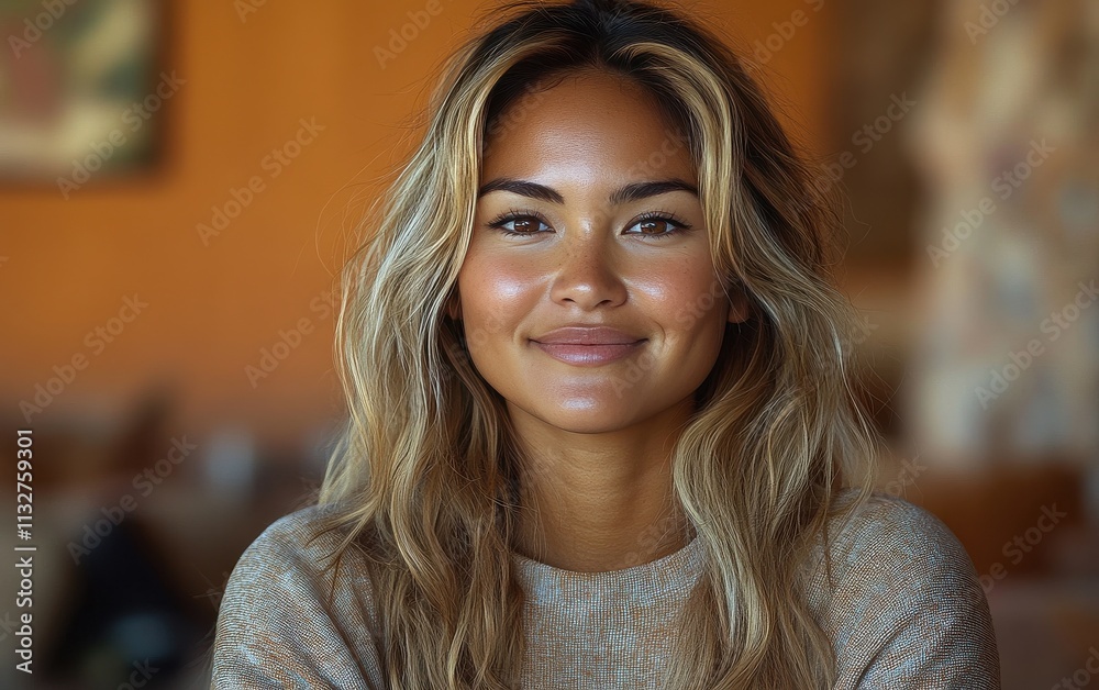 Obraz premium A woman with a sweatshirt on and a smile on her face in a blurred background
