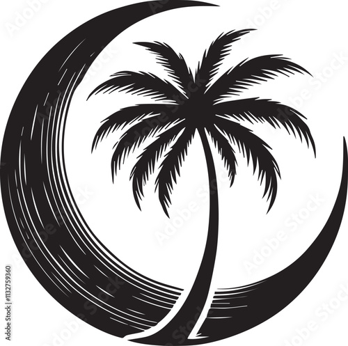 A solitary palm tree with a slightly leaning trunk silhouetted against a crescent moon vector silhouette