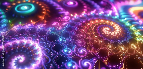 A neon-brilliant fractal design with intricate, repeating patterns glowing in vivid colors, creating a captivating and hypnotic visual.