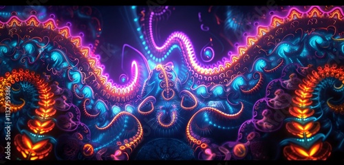 A neon-brilliant fractal design with intricate, repeating patterns glowing in vivid colors, creating a captivating and hypnotic visual.