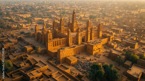 The Great Mosque of Djenne bustling with local markets and activities during the day photo