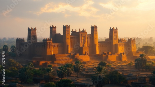 The Great Mosque of Djenne in Mali glowing under warm evening light, with villagers nearby photo